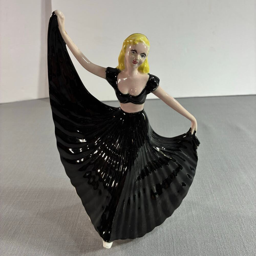 Vintage Ceramic Flamenco Dancer Figurine Blonde Woman Black Dress 8 Inch